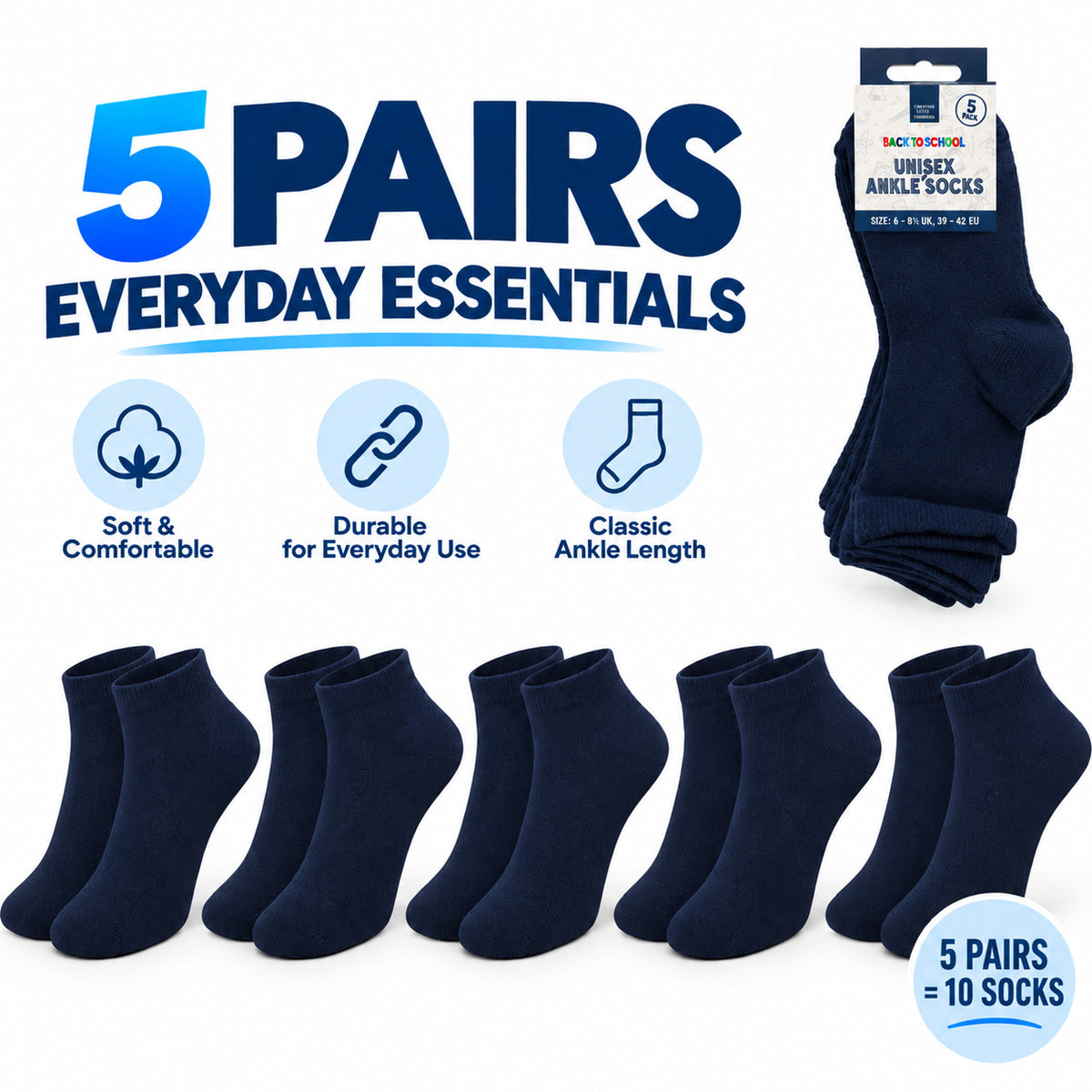 Ankle Socks, 5 Pack, Navy, UK 9-12